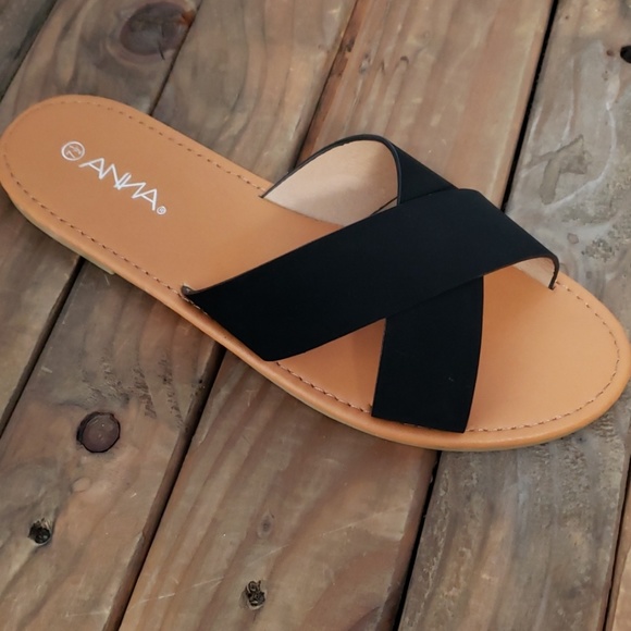 Anna Shoes - Black suade criss Cross Slides